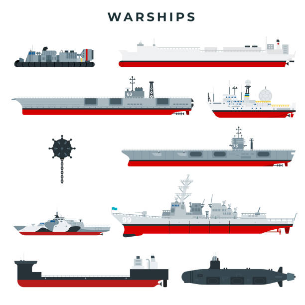 Warships of different types, set. Military boats, side view. Warship vector icons collection, isolated on white background. Warships of different types, set. Military boats. Cruiser, destroyer, aircraft carrier, frigate, corvette, mine warfare, patrol craft, amphibious assault ship, submarine. Vector illustration. destroyer stock illustrations