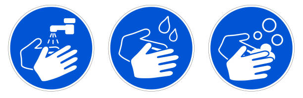 Wash your hands sign. Simple white drawing with water tap, drops and soaps in blue circle. Can be used during coronavirus covid-19 outbreak prevention vector art illustration