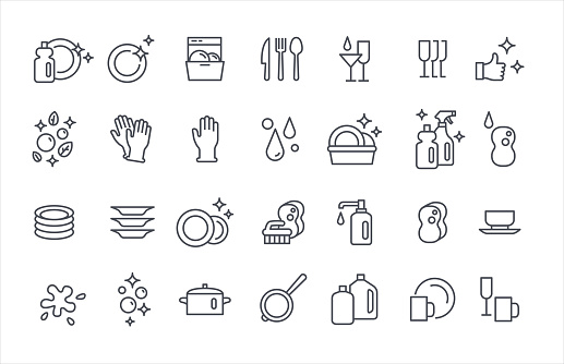 Washing dishes icons vector set thin outline template
