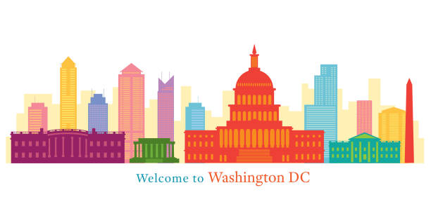 Washington DC, Landmarks, Skyline and Skyscraper Capitol Dome, White House, Travel and Tourist Attraction supreme court building stock illustrations