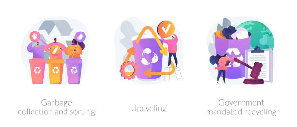 illustrazioni stock, clip art, cartoni animati e icone di tendenza di problemi di raccolta e riciclaggio dei rifiuti illustrazioni vettoriali astratte. - upcycling