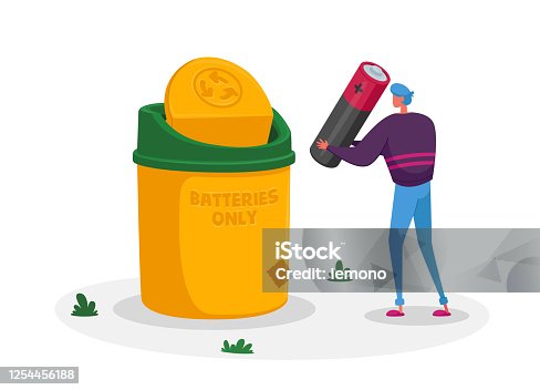istock Waste Electrical and Electronic Equipment Concept. Tiny Man Character Throw Out Huge Battery into Special Litter Bin for Recycling and Trash Separation. Ecology Protection. Cartoon Vector Illustration 1254456188