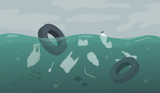 Waste pollution floating in ocean sea or river water, car tire garbage, plastic bags