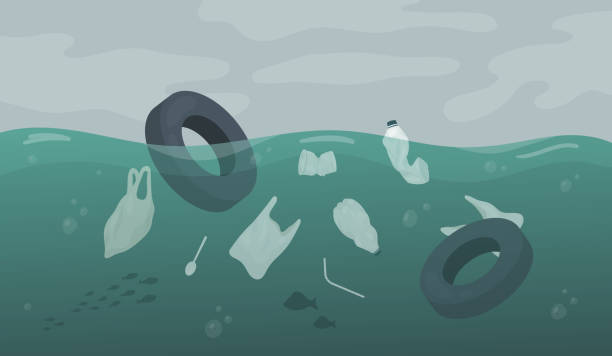 Waste pollution floating in ocean sea or river water, car tire garbage, plastic bags Plastic trash waste pollution floating in dirty ocean sea or river water, environment day vector illustration. Cartoon car tire garbage, plastic bags and bottles pollute nature ecology background kitten litter stock illustrations