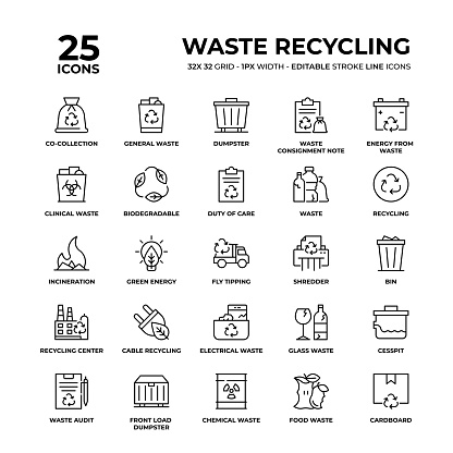 Waste Recycling Vector Style Editable Stroke Thin Line Icons on a 32 pixel grid with 1 pixel stroke width. Unique Style Pixel Perfect Icons can be used for infographics, mobile and web and so on.