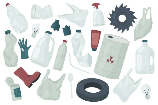 Waste trash rubbish, environment ecology pollution set, plastic glove package bag bottle vector art illustration