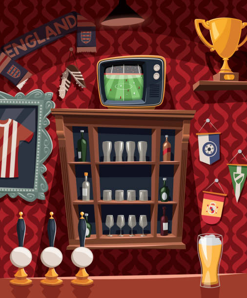 ilustrações de stock, clip art, desenhos animados e ícones de watching the football game on tv in old pub - soccer night