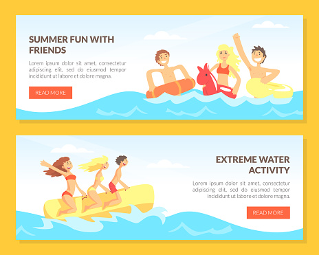 Water Activity with People Character Having Fun Enjoying Summer Vacation Vector Template