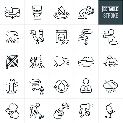 A set of water conservation and drought icons that include editable strokes or outlines using the EPS vector file. The icons include raising the blade on a lawnmower, garden hose with prohibited sign, water droplet with strikethrough, plumber fixing broken water pipe, water efficient washing machine, person turning off sink, person brushing teeth, water efficient toilet, hand holding garden hose with water droplet, lake full of water, dried up lake representing drought, sprinklers use at night, hand turning off water spigot, re-using of water, rain cloud with strike-through, using a broom rather than a garden hose, conserving water while washing hands, timing water usage, no watering and other related icons.