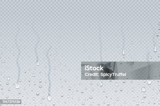 istock Water drops background. Shower steam condensation drips on transparent glass, rain drops on window. Vector realistic water drops 1147374136