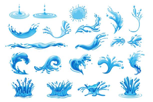 Water drops, current drops and waves Water drops. Current drops, waves, tears and spray. Splashes or spill water elements, isolated vector illustration. splashing stock illustrations