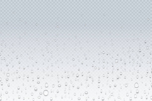 물이 유리에 떨어진다. 투명 창, 증기 응축 패턴, 샤워 유리에 비 방울. 벡터 물 방울 배경 - 이슬 stock illustrations