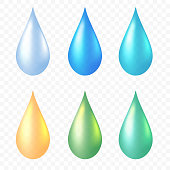 Water drops set isolated on transparent background. Different color shiny raindrops. Realistic drops of oil for eco natural  products, vitamins, medicine, chemistry. Vector illustration EPS10