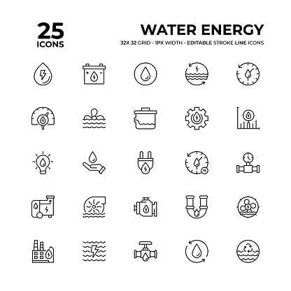 Water Energy Vector Style Editable Stroke Thin Line Icons on a 32 pixel grid with 1 pixel stroke width. Unique Style Pixel Perfect Icons can be used for infographics, mobile and web and so on.