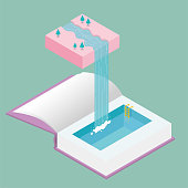 Water flows down from mid-air, forming a waterfall,flow into the swimming pool in the book.Surreal concept design.