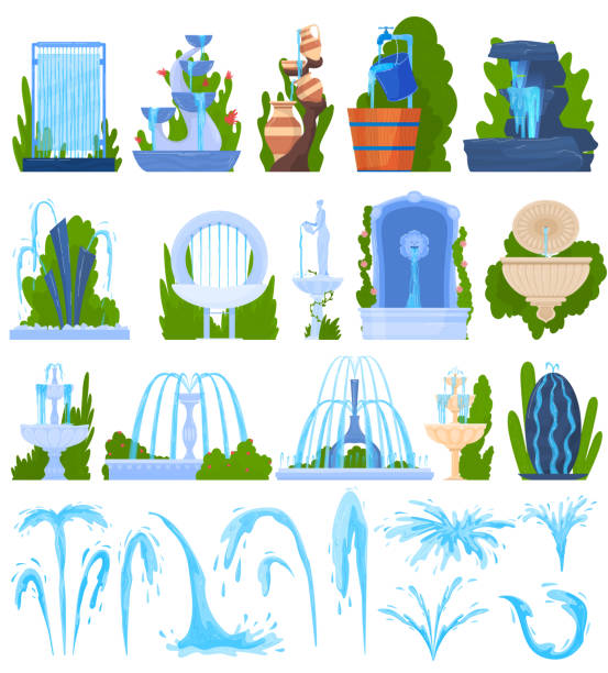 Water fountain architecture decor vector illustration set, cartoon flat architectural element, exterior park decoration collection Water fountain architecture decor vector illustration set. Cartoon flat architectural elements, exterior collection of geyser waterfall splashing drops, outdoor water park decoration isolated on white fountain stock illustrations