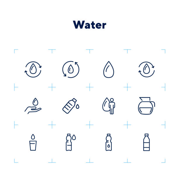 illustrazioni stock, clip art, cartoni animati e icone di tendenza di set di icone linea d'acqua - bere acqua