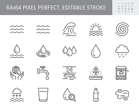 Water line icons. Vector illustration include icon outline plastic bottle, sea waves, water well, typhoon, tsunami, sunset, tornado pictogram for aqua resources. 64x64 Pixel Perfect Editable Stroke.