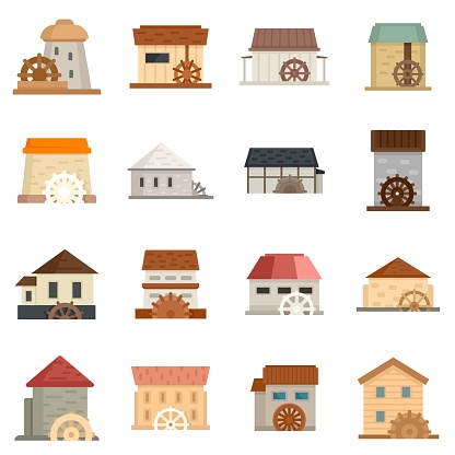 Water mill icons set. Flat set of water mill vector icons isolated on white background