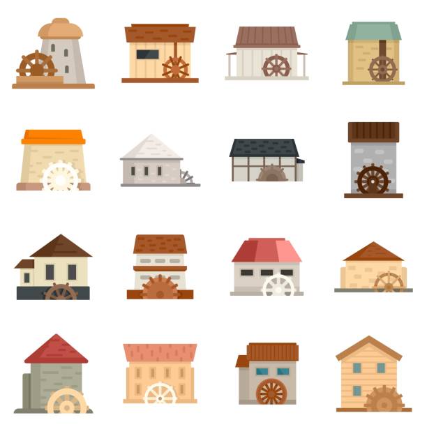Water mill icons set flat vector isolated Water mill icons set. Flat set of water mill vector icons isolated on white background water wheel stock illustrations