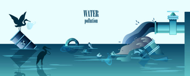 Water pollution horizontal banner with pipes emitting dirty water, waste, birds and radioactive barrel. Ecological concept in flat style in trendy blue colors with copy space. water pollution stock illustrations
