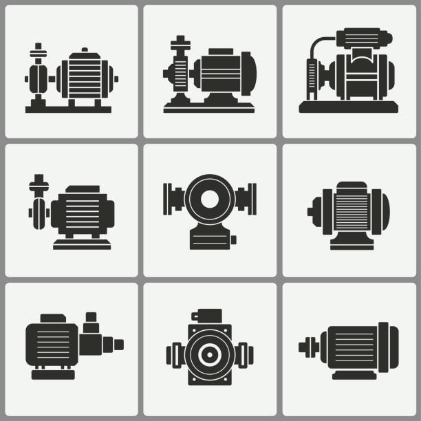 Water pump icons set. Water pump vector icons set. Black illustration isolated for graphic and web design. electric motor stock illustrations