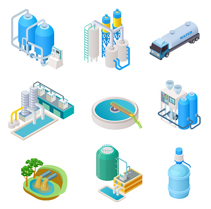 Water purification technology. Isometric treatment water industrial system, wastewater separator vector isolated set