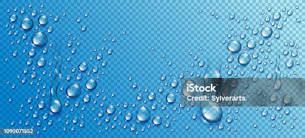 istock Water rain drops or condensation in shower realistic transparent 3d vector composition over transparency checker grid, easy to put over any background or use droplets separately. 1090071552