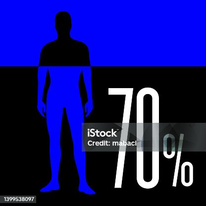 istock Water ratio in human body. Human proportion h2o. Woman and man silhouettes, filled percent 70 water. 1399538097
