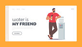 istock Water Refreshment Landing Page Template. Man Drinking Fresh Water at Cooler during Office Break, Rest, Drink Beverage 1344634348