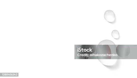istock Water, serum or essence drops on white background horizontal banner format realistic vector illustration. Pure  transparent droplet. Moisturizer concept 1280406342