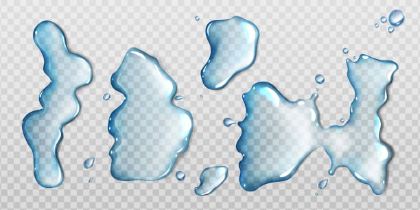 Water spill puddles top view, aqua liquid splashes Water spill puddles top view set, aqua liquid splashes with scattered drops. Hydration spots elements with spray droplets isolated on transparent background, Realistic 3d vector Illustration, clip art water clipart stock illustrations