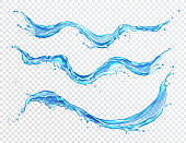 Water splash, flowing water stream with drops realistic vector illustration, isolated on background. Blue transparent liquid flow wawe, clear texture, banner