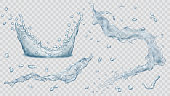 Set of transparent water splashes, water drops and crown from falling into the water in light blue colors, isolated on transparent background. Transparency only in vector file. Vector illustrations. EPS10 and JPG are available