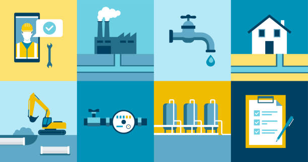 Water supply and sanitation services vector art illustration
