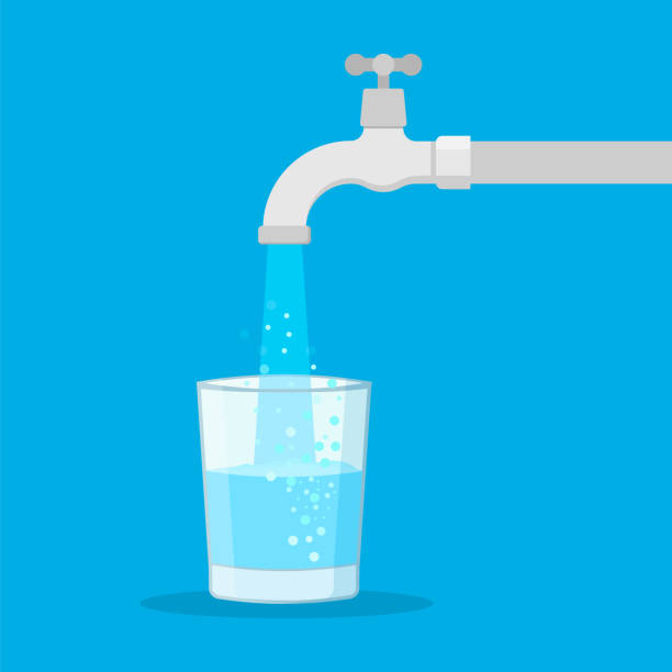 ilustrações de stock, clip art, desenhos animados e ícones de water tap with glass. filling cup beverage. vector illustration. - tap