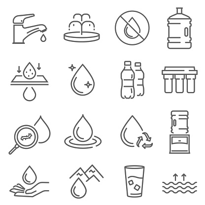 Water use, pollution, recycling thin line icons set isolated on white. Drop, drought, ecology outline pictogram collection, logo. Tap, fountain, reservoir, filter vector elements for infographic, web.