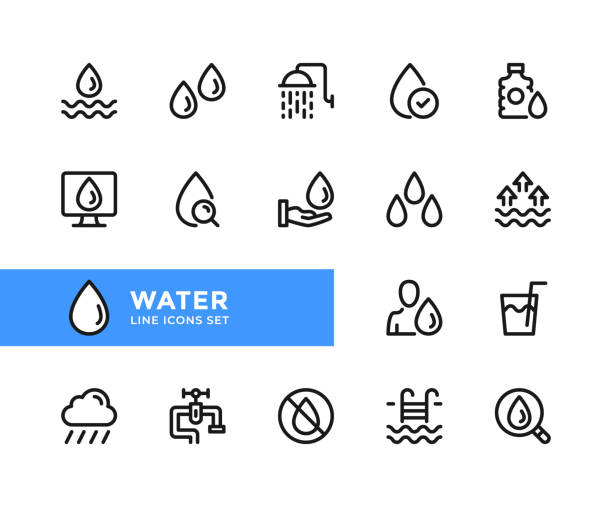 ilustrações, clipart, desenhos animados e ícones de ícones da linha vetorial da água. conjunto simples de símbolos de contorno, elementos de design gráfico lineares modernos. ícones de água definidos. pixel perfeito - water