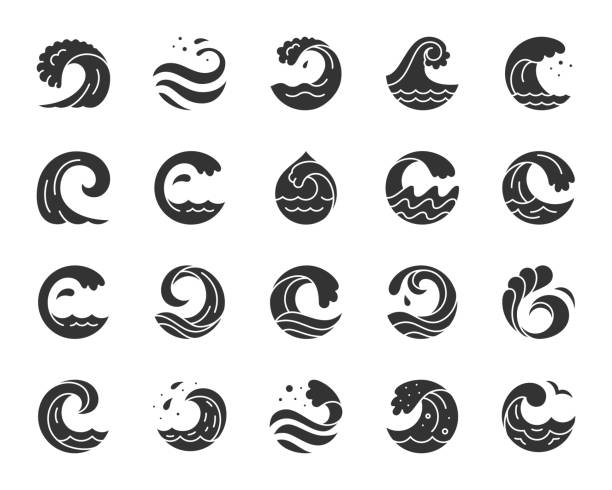 Water wave black silhouette icons vector set Wave silhouette icons set. Sign kit of sea. Splash pictogram collection includes spiral curl, aqua decoration, tourist diving. Simple wave black symbol isolated on white. Vector Icon shape for stamp storm silhouettes stock illustrations