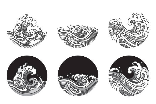 Water wave line art vector illustration. Water wave line art vector illustration. Single line and gray color tone and shadow shade. Japanese. Thai. tattoo stock illustrations