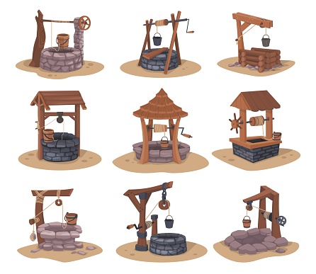 Water well. Cartoon wooden and stone aqua supply equipment with bucket and handle. Country pits. Village construction for drinking groundwater extraction. Vector landscape elements set