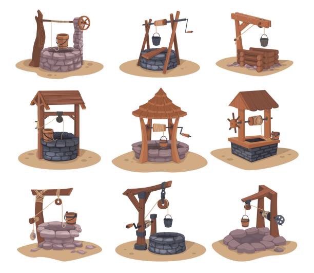 stockillustraties, clipart, cartoons en iconen met water well. cartoon wooden and stone aqua supply equipment with bucket and handle. country pits. village construction for drinking groundwater extraction. vector landscape elements set - plankje plant touw