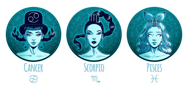 Water zodiac set, beautiful girls, Cancer, Scoprio, Pisces, horoscope symbol, star sign, vector illustration Water zodiac set, beautiful girls, Cancer, Scoprio, Pisces, horoscope symbol, star sign, vector illustration pisces stock illustrations