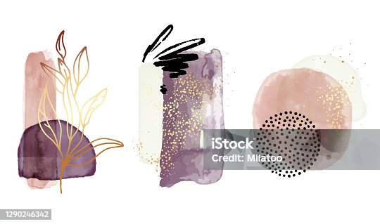 istock Watercolor abstract shapes, geometric transparent elements in Gold violet bohemian aesthetics. Perfect for brochures, flyers, business cards, webposters, interiors , spa and beauty advertising 1290246342