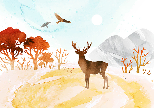 Watercolor autumn vector landscape in orange colors. Illustration of mountains, trees, deer ​and birds under blue sky. Silhouette of deer and birds.