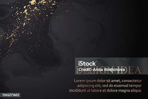 istock Watercolor background with abstract black ink waves and golden splashes. 1345271602
