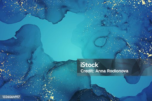 istock Watercolor background with abstract blue ink waves and golden splashes. 1326564917