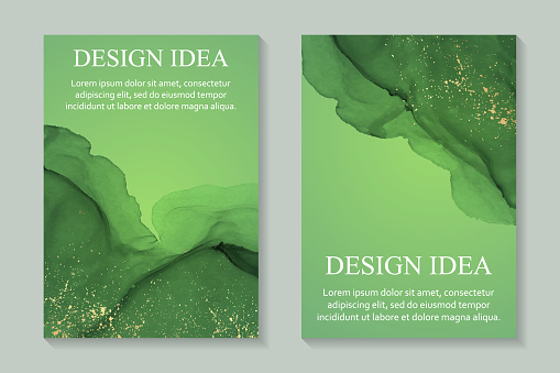 Watercolor backgrounds with abstract bright green ink waves and golden splashes.