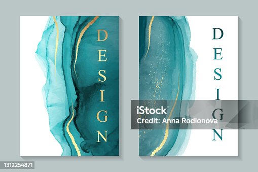 istock Watercolor backgrounds with abstract teal ink waves and golden strokes and splashes. 1312254871