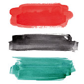 Set of red, black and emerald green vectorized watercolor splashes.